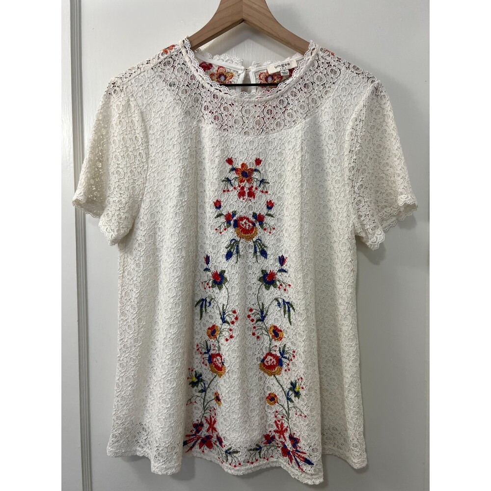 Umgee Women's White Lace Floral Embroidered Short Sleeve Top Blouse Size S